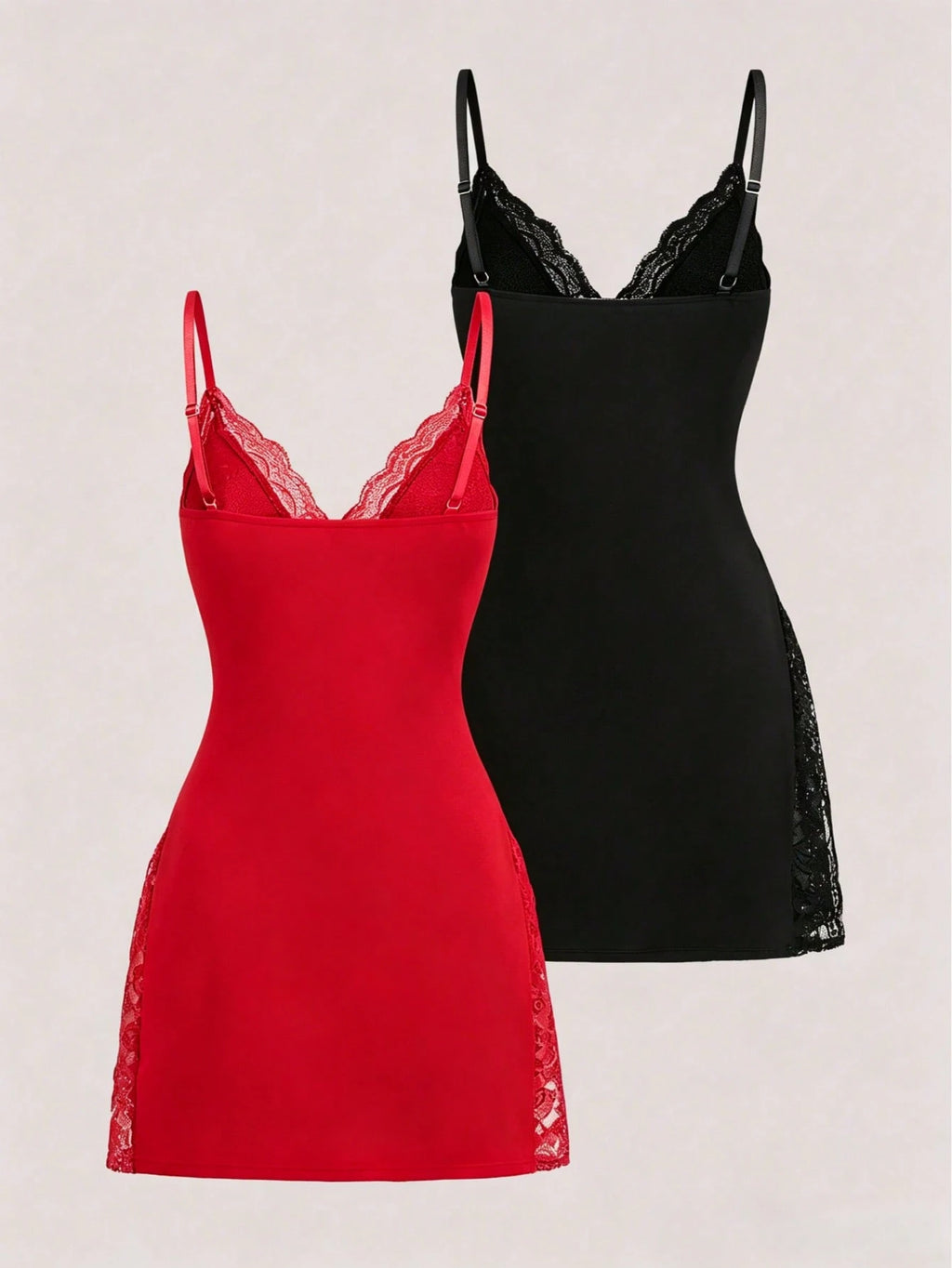 2Pcs Lace Patchwork, Bow Decor, Romantic Side Slit Camisole Nightgown