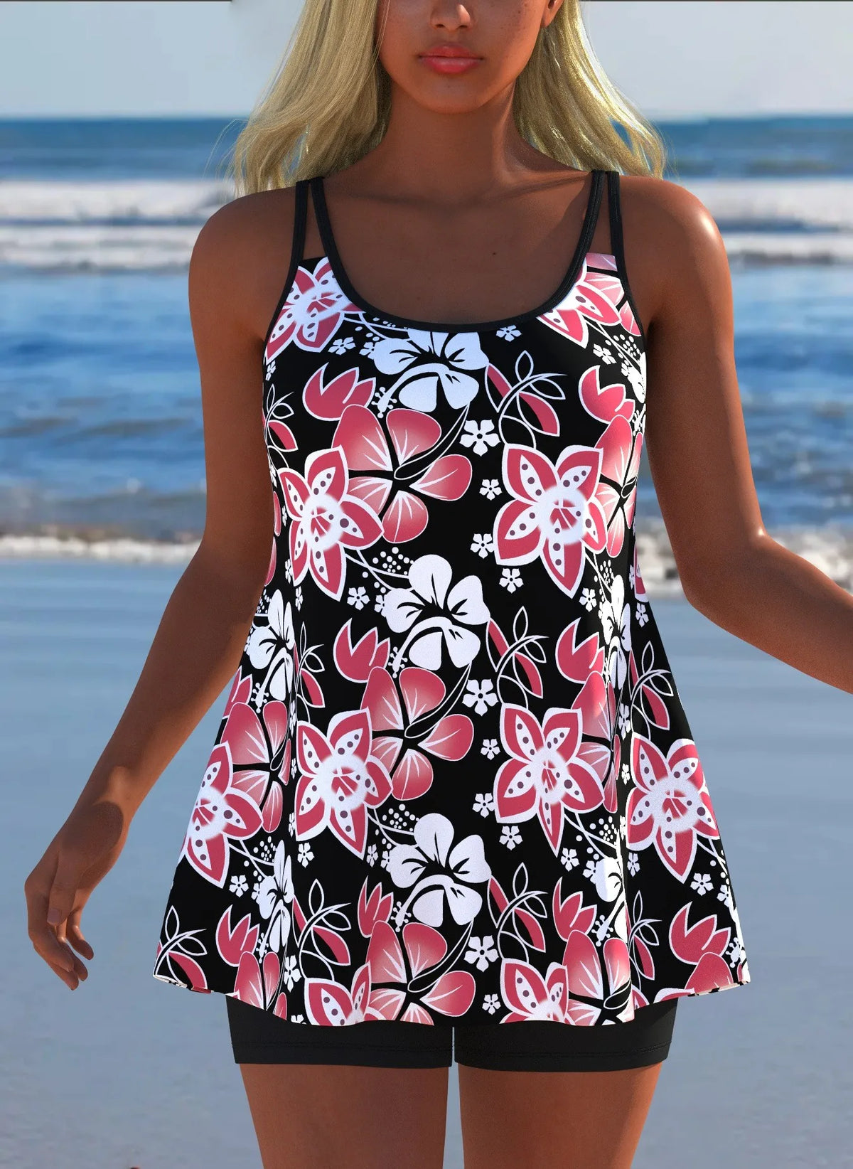 Black White Print Tankini Sleeveless Flared Hem Tankini Top High Stretch Swim Tank Gradient Adjustable Straps Two Piece Swim Top