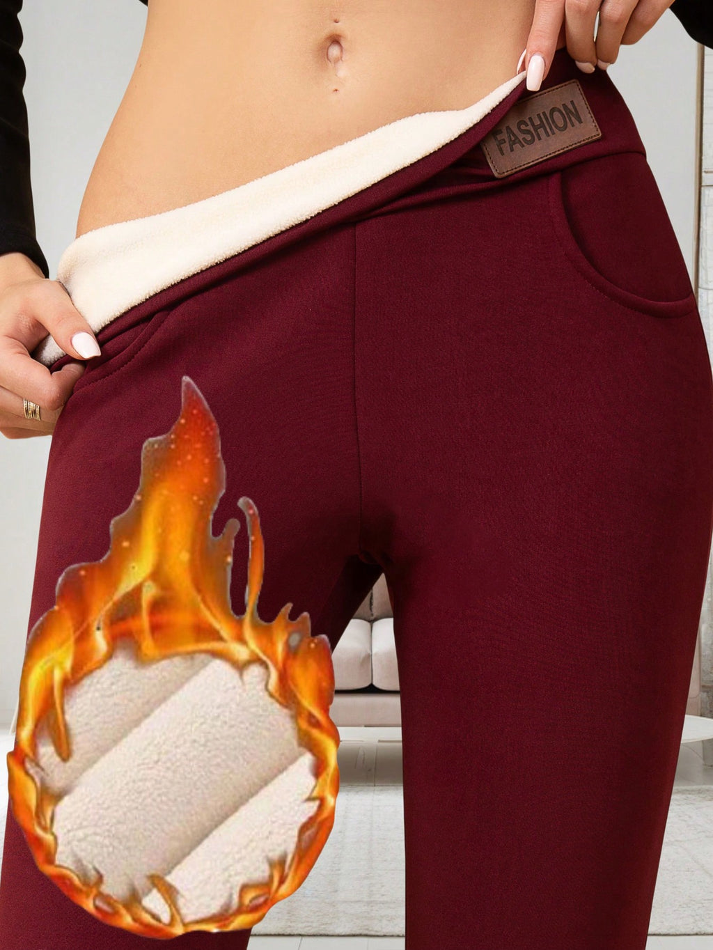 1Pc Comfortable Warm Fleece Leggings, Casual Elastic Pocket High Waist Full Length Leggings, Autumn/Winter
