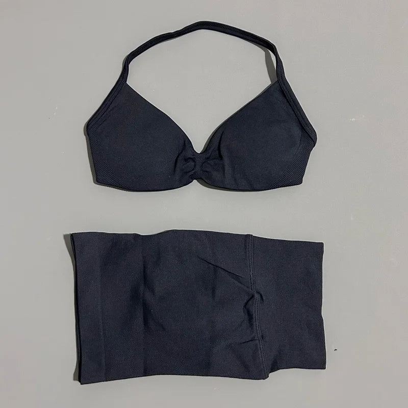 2 Pieces HISTELLO Sports Set Seamless Strappy Yoga Bra High Waist Scrunch Shorts Breathable Elastic Gym Workout Fitness Clothes