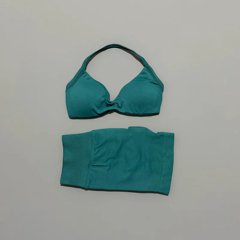 2 Pieces HISTELLO Sports Set Seamless Strappy Yoga Bra High Waist Scrunch Shorts Breathable Elastic Gym Workout Fitness Clothes
