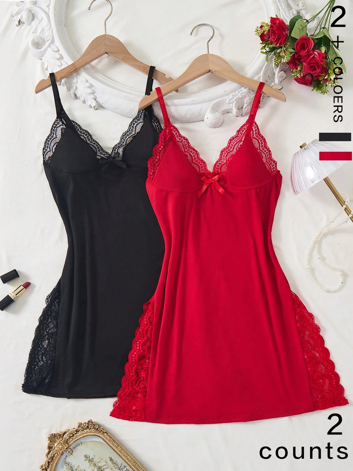 2Pcs Lace Patchwork, Bow Decor, Romantic Side Slit Camisole Nightgown