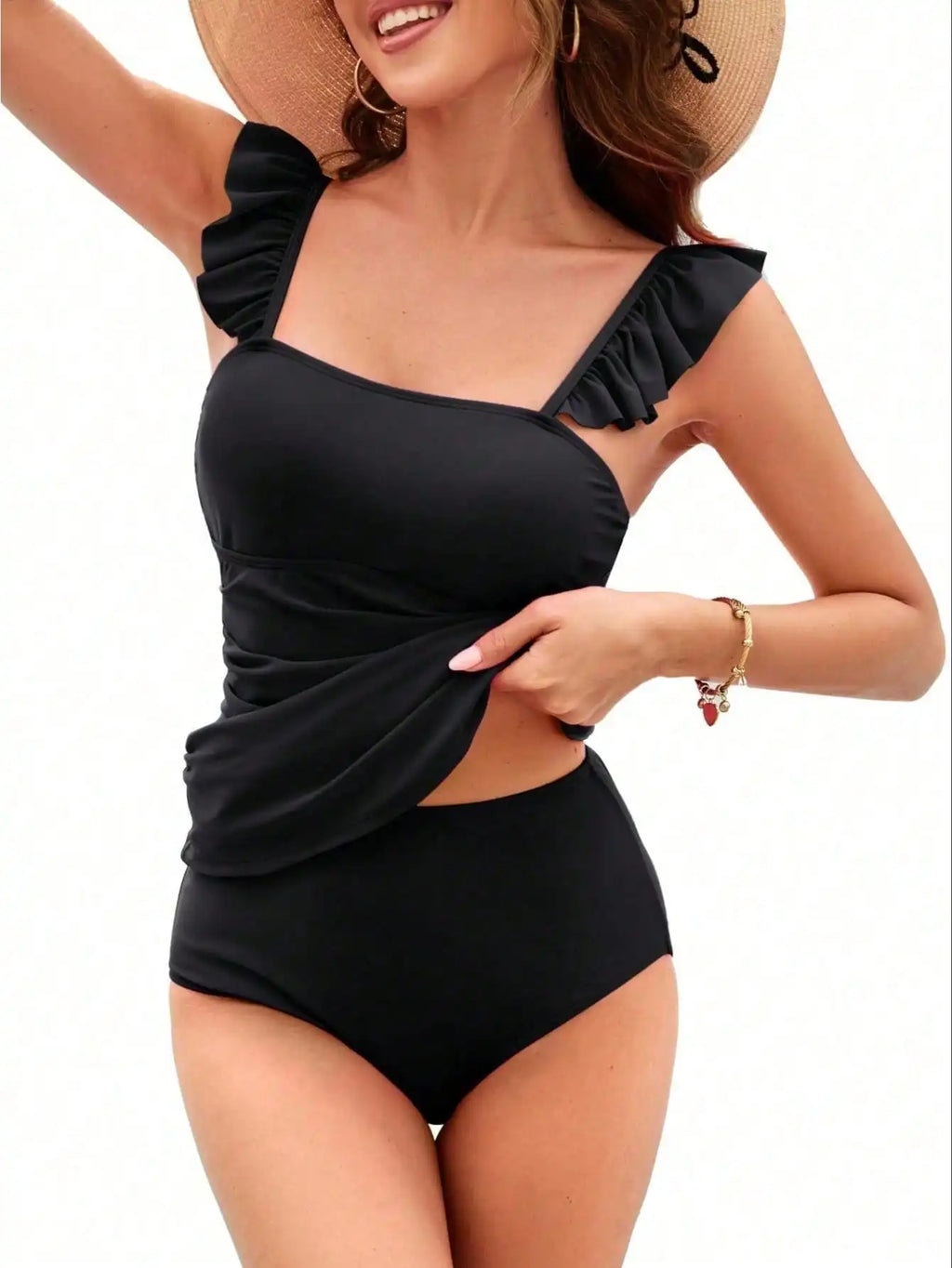 2026 New Black Ruffle Strap Tankini Set, Square Neck Side Ruched Loose Tank Top High Waist Brief Modest Two Piece Swimwear