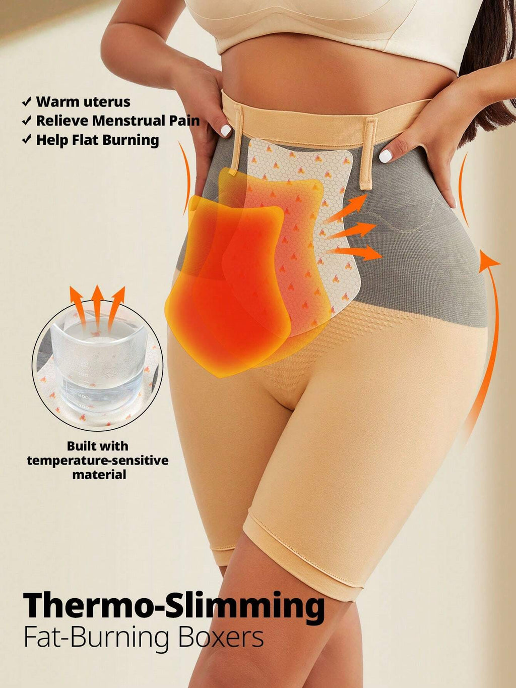 FLARIXA High Waist Thermal Shapewear Shorts, Tummy Control and Butt Lifting, Beige