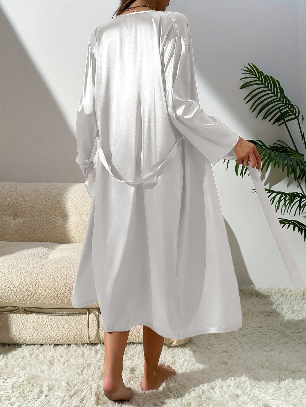 2Pcs Women Sleepwear Pajama Set, Long Belted Robe & Solid Color Sleep Dress, Comfortable Silk-Like Fabric, Elegant Dress Style Loungewear, Suitable for Home Wear & Sleep, All Seasons, Fall Winter Clothes