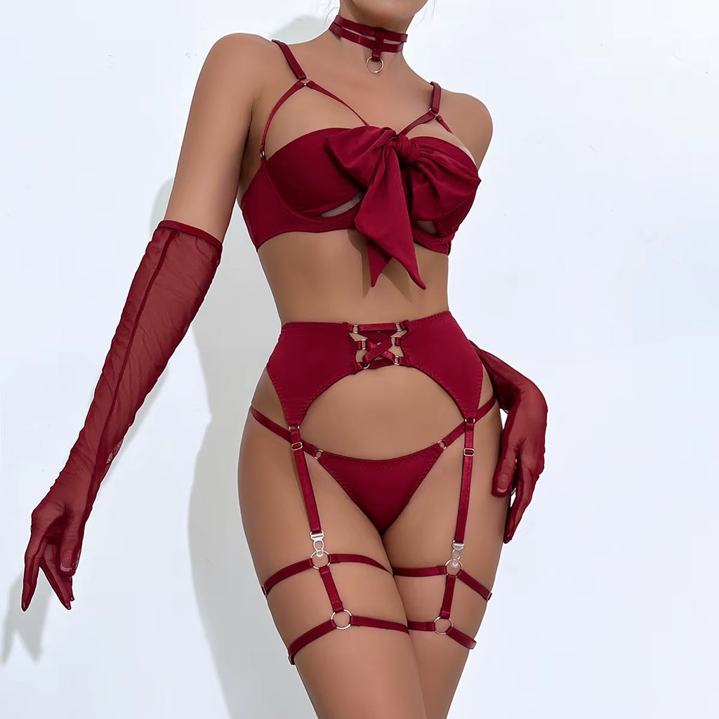Women Sexy Lingerie Set 3PC Big Bow Tie Hollow Bra T-Back Bikini Leg Ring Set Nightdress Underwear Temptation Sleepwear 1370