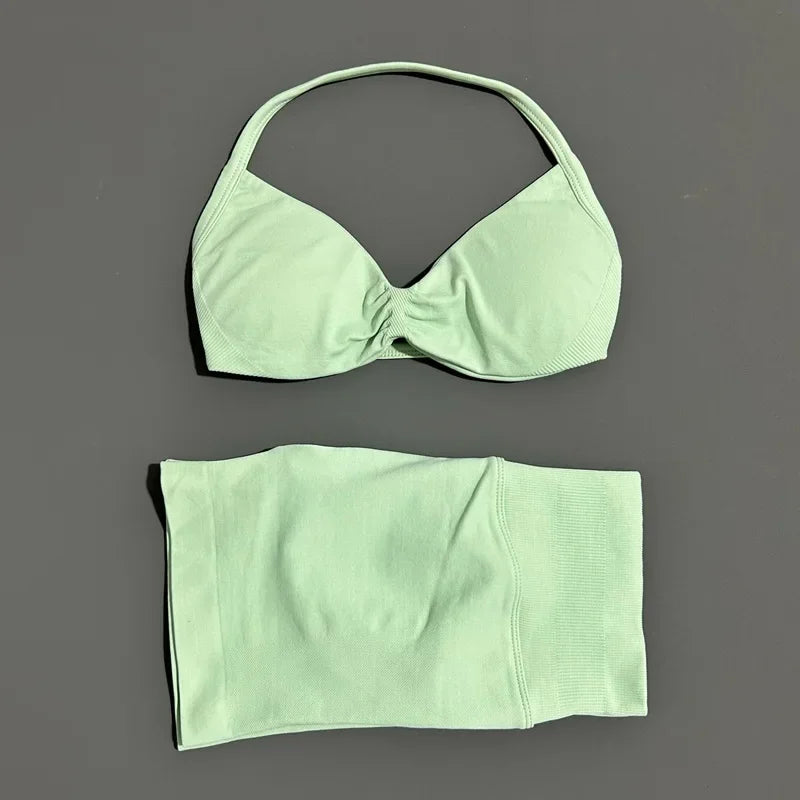 2 Pieces HISTELLO Sports Set Seamless Strappy Yoga Bra High Waist Scrunch Shorts Breathable Elastic Gym Workout Fitness Clothes
