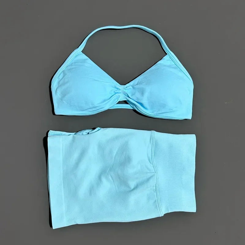 2 Pieces HISTELLO Sports Set Seamless Strappy Yoga Bra High Waist Scrunch Shorts Breathable Elastic Gym Workout Fitness Clothes