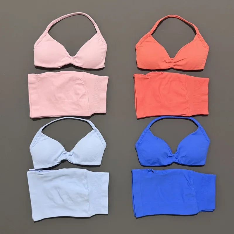 2 Pieces HISTELLO Sports Set Seamless Strappy Yoga Bra High Waist Scrunch Shorts Breathable Elastic Gym Workout Fitness Clothes