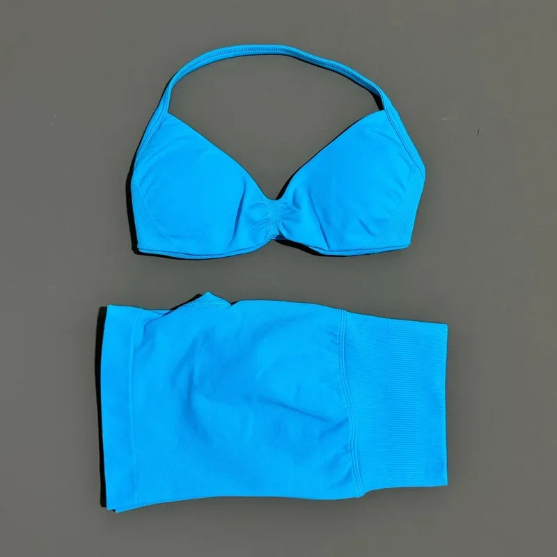 2 Pieces HISTELLO Sports Set Seamless Strappy Yoga Bra High Waist Scrunch Shorts Breathable Elastic Gym Workout Fitness Clothes