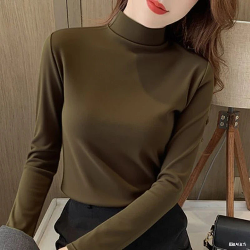 2025 Women Classic Korean Long Sleeve Tops Lady Fashion Thermal Underwear Clothes Female Half High Collar Thin Pullovers