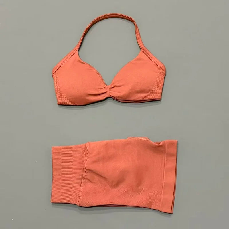 2 Pieces HISTELLO Sports Set Seamless Strappy Yoga Bra High Waist Scrunch Shorts Breathable Elastic Gym Workout Fitness Clothes