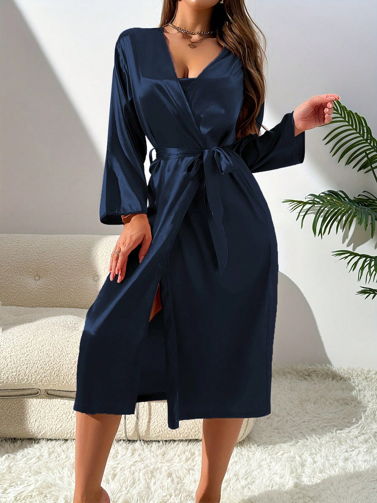 2Pcs Women Sleepwear Set , Long Belted Robe & Solid Color Sleep Dress, Comfortable Silk-Like Fabric, Elegant Dress Style, Suitable for Home Wear & Sleeping, All Seasons, Fall Winter Clothes