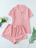 2Pcs Solid Color Women'S Summer Contrast Trim Lapel Pocket Heart Short Sleeve Button Top and Bow Shorts Pajama Set