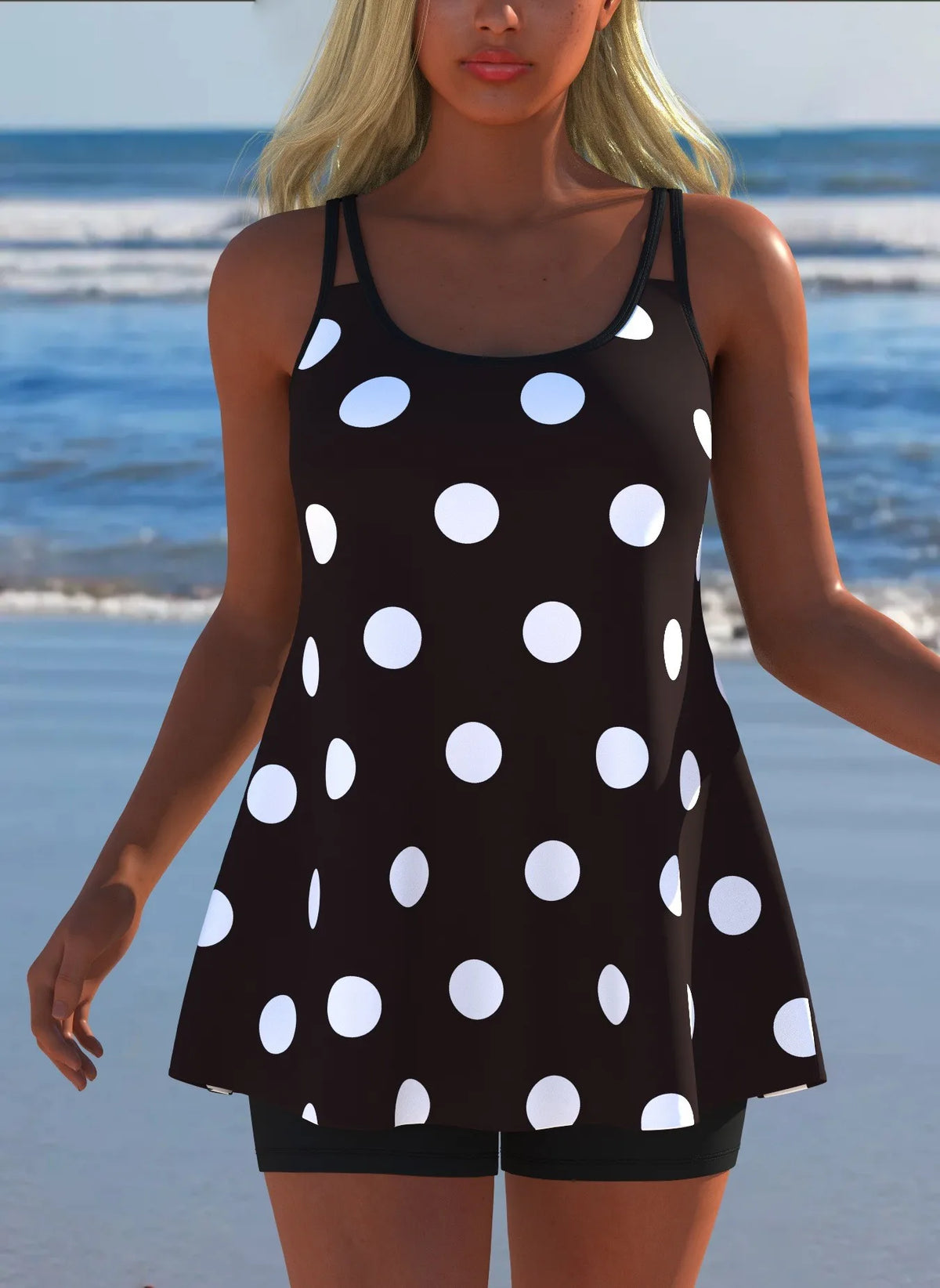 Black White Print Tankini Sleeveless Flared Hem Tankini Top High Stretch Swim Tank Gradient Adjustable Straps Two Piece Swim Top