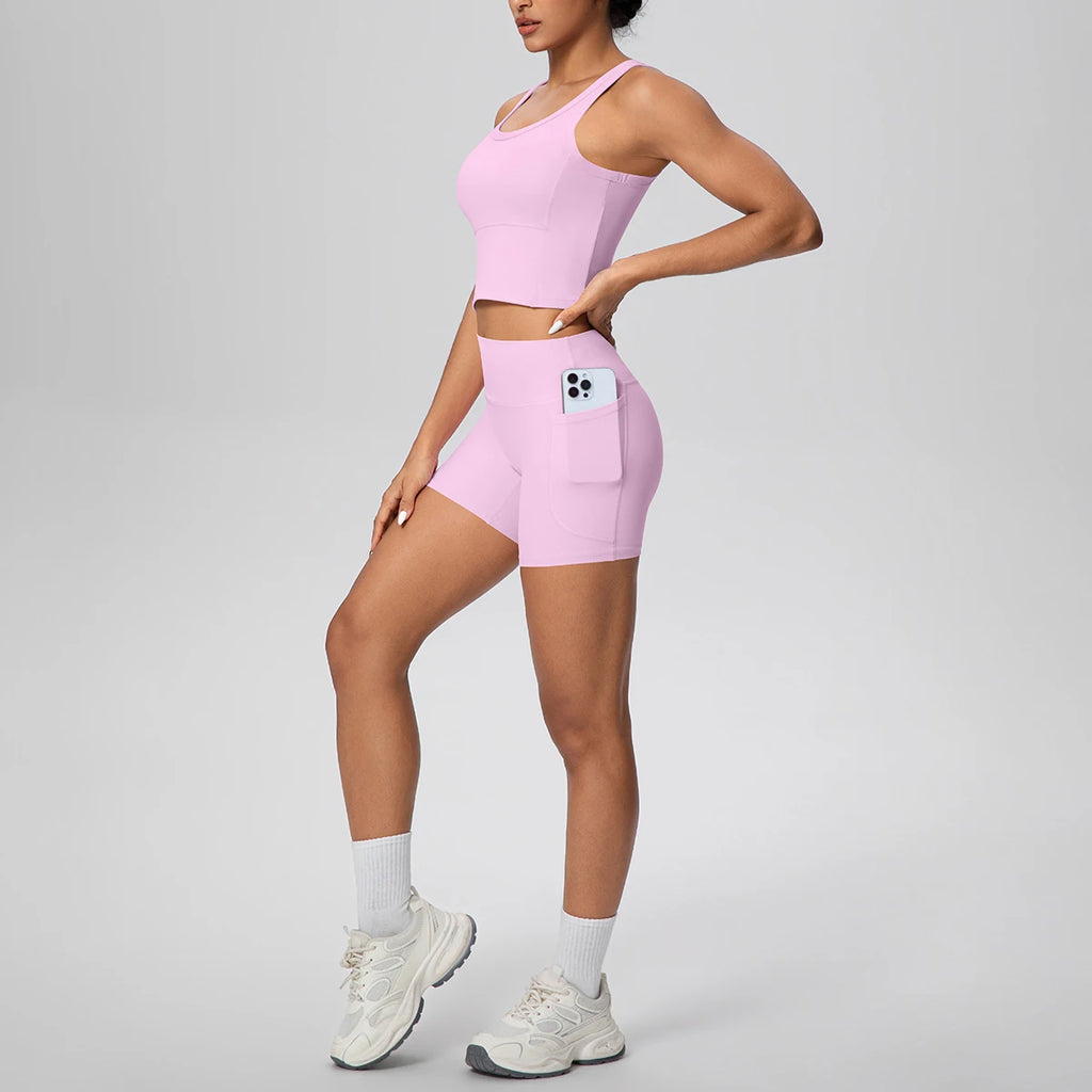 2PCS Women Summer Fitness Sports Yoga Set Backless Yoga Underwear with Chest Pad Workout Top Quick-Dry Gym Pockets Shorts Set