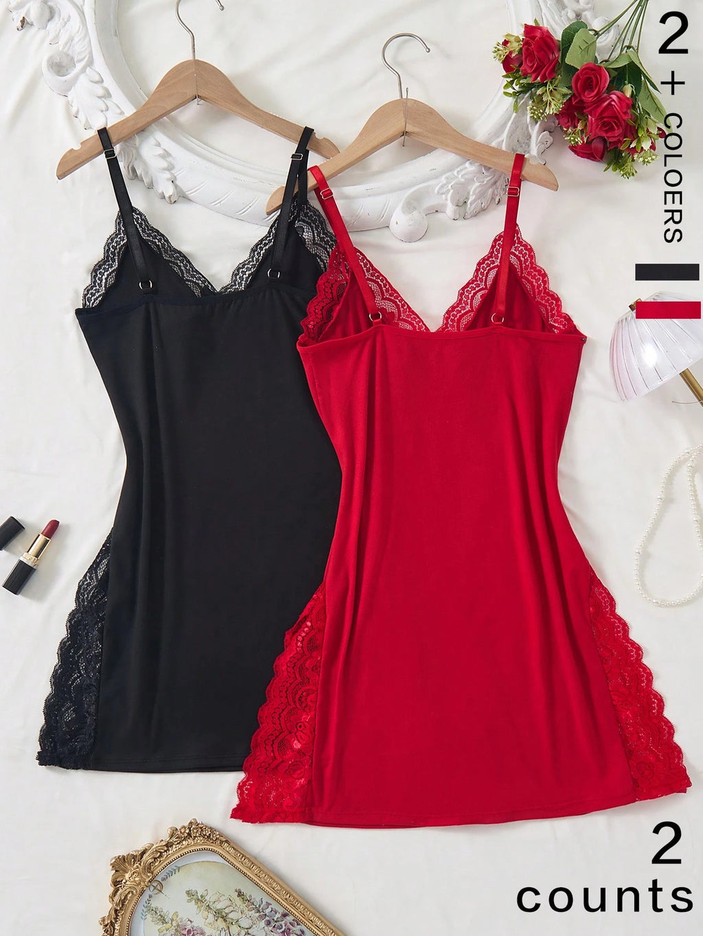 2Pcs Lace Patchwork, Bow Decor, Romantic Side Slit Camisole Nightgown
