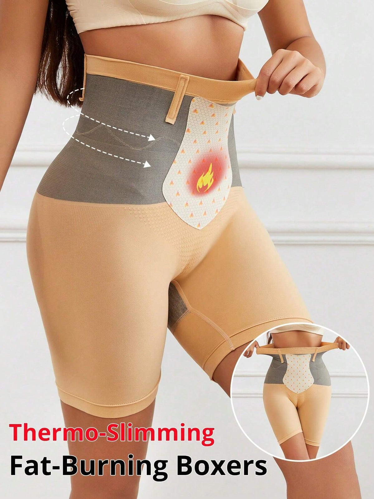 FLARIXA High Waist Thermal Shapewear Shorts, Tummy Control and Butt Lifting, Beige