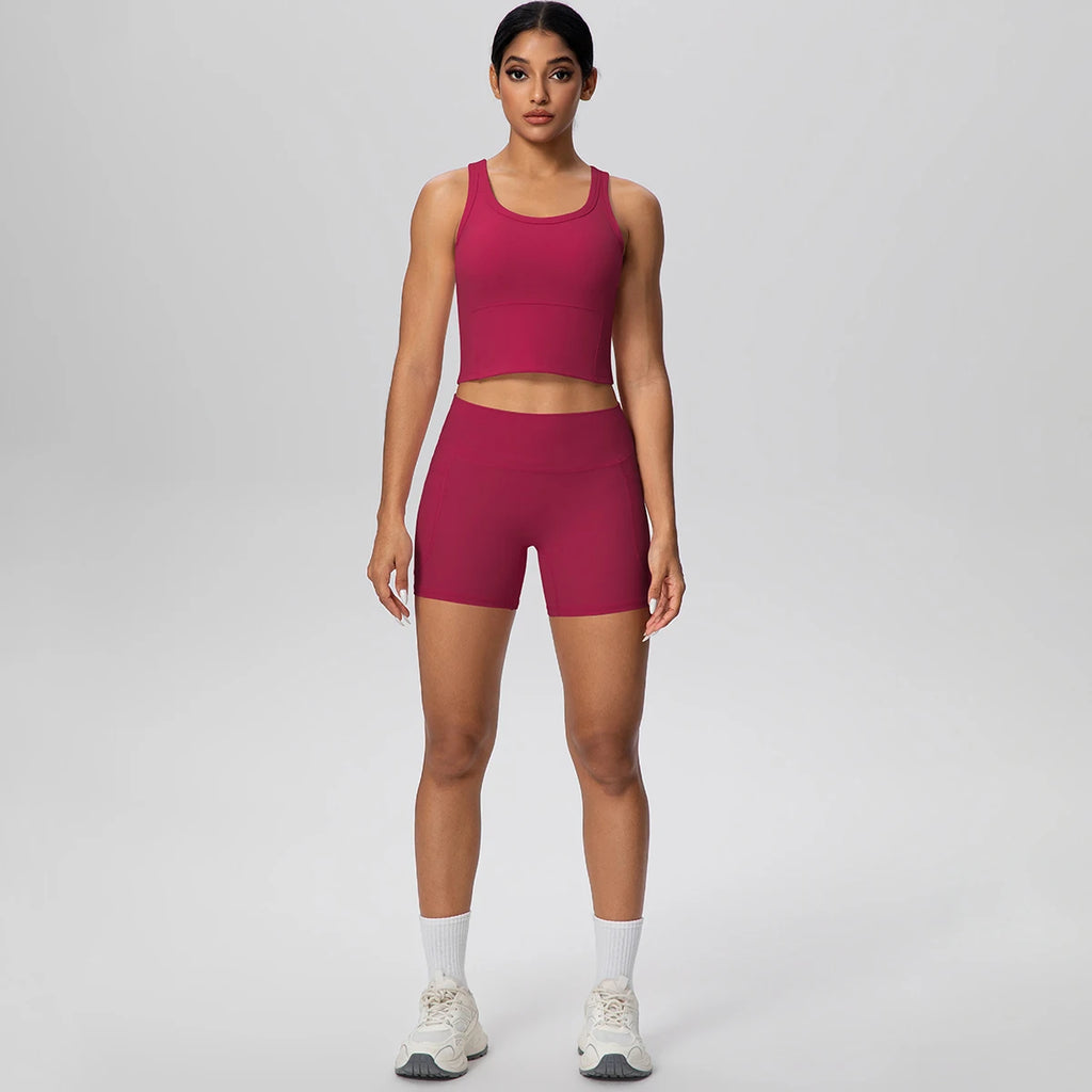 2PCS Women Summer Fitness Sports Yoga Set Backless Yoga Underwear with Chest Pad Workout Top Quick-Dry Gym Pockets Shorts Set