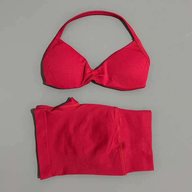 2 Pieces HISTELLO Sports Set Seamless Strappy Yoga Bra High Waist Scrunch Shorts Breathable Elastic Gym Workout Fitness Clothes