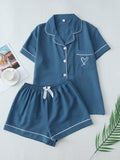 2Pcs Solid Color Women'S Summer Contrast Trim Lapel Pocket Heart Short Sleeve Button-Up Top and Bow Shorts Pajama Set