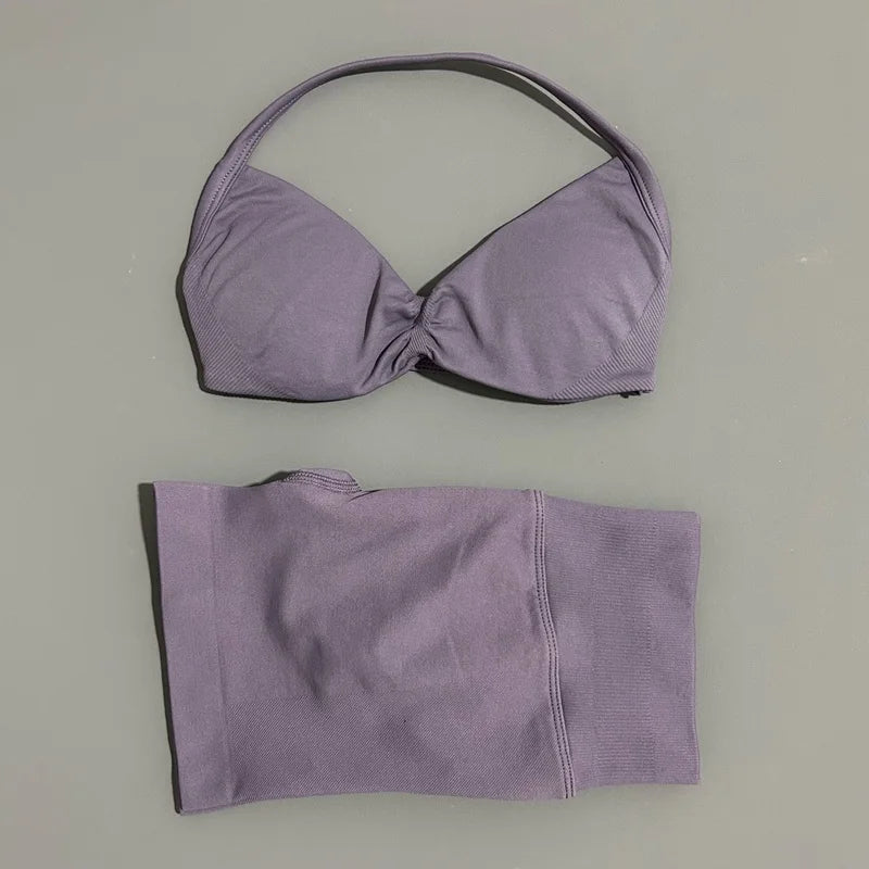 2 Pieces HISTELLO Sports Set Seamless Strappy Yoga Bra High Waist Scrunch Shorts Breathable Elastic Gym Workout Fitness Clothes