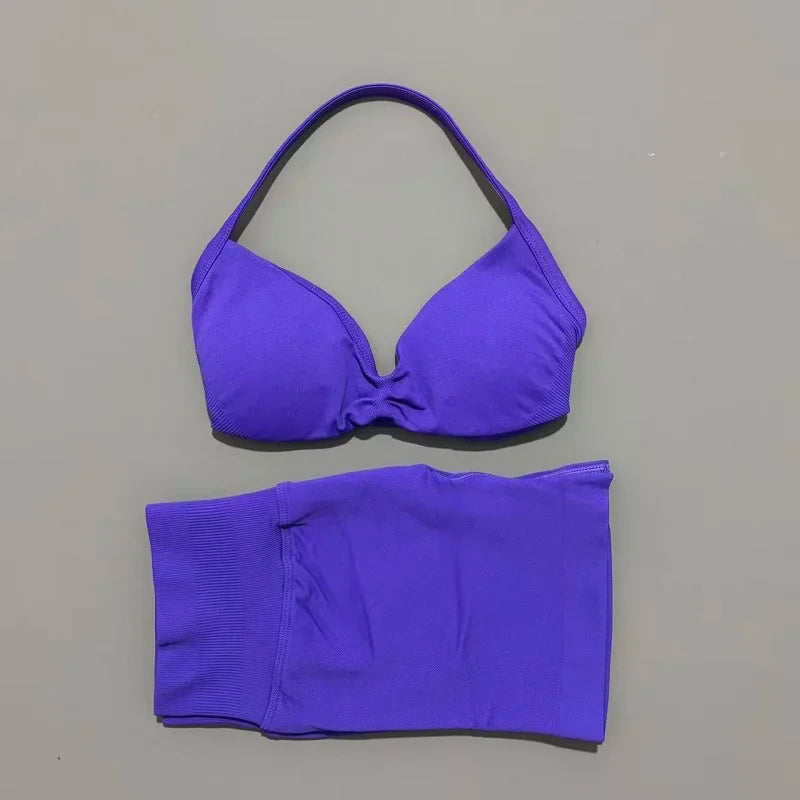 2 Pieces HISTELLO Sports Set Seamless Strappy Yoga Bra High Waist Scrunch Shorts Breathable Elastic Gym Workout Fitness Clothes