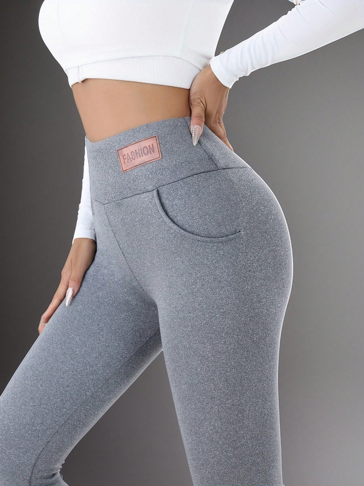 1Pc Comfortable Warm Fleece Leggings, Casual Elastic Pocket High Waist Full Length Leggings, Autumn/Winter