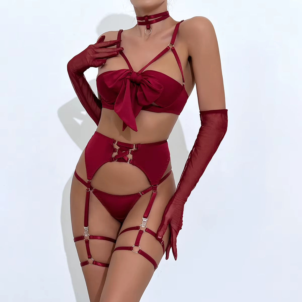 Women Sexy Lingerie Set 3PC Big Bow Tie Hollow Bra T-Back Bikini Leg Ring Set Nightdress Underwear Temptation Sleepwear 1370
