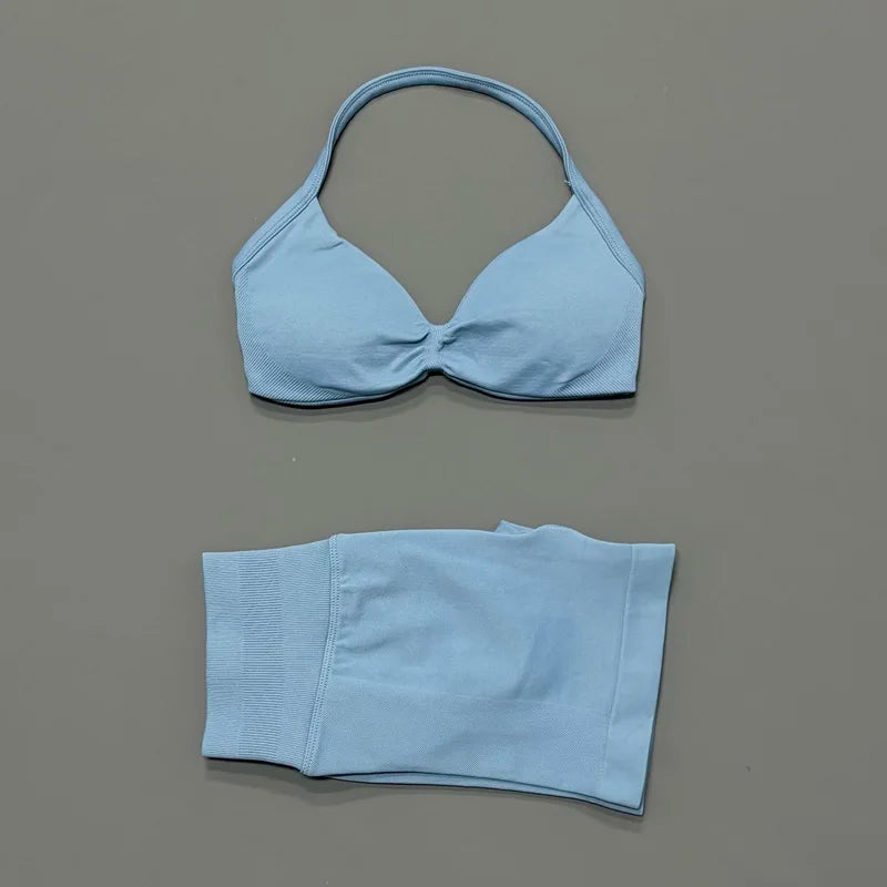 2 Pieces HISTELLO Sports Set Seamless Strappy Yoga Bra High Waist Scrunch Shorts Breathable Elastic Gym Workout Fitness Clothes