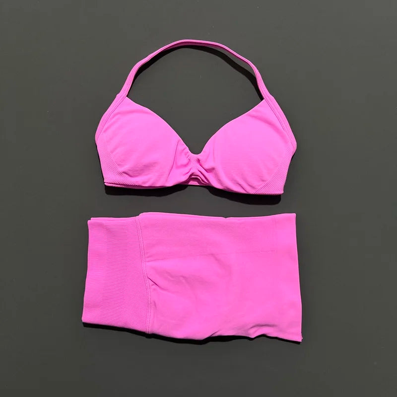 2 Pieces HISTELLO Sports Set Seamless Strappy Yoga Bra High Waist Scrunch Shorts Breathable Elastic Gym Workout Fitness Clothes