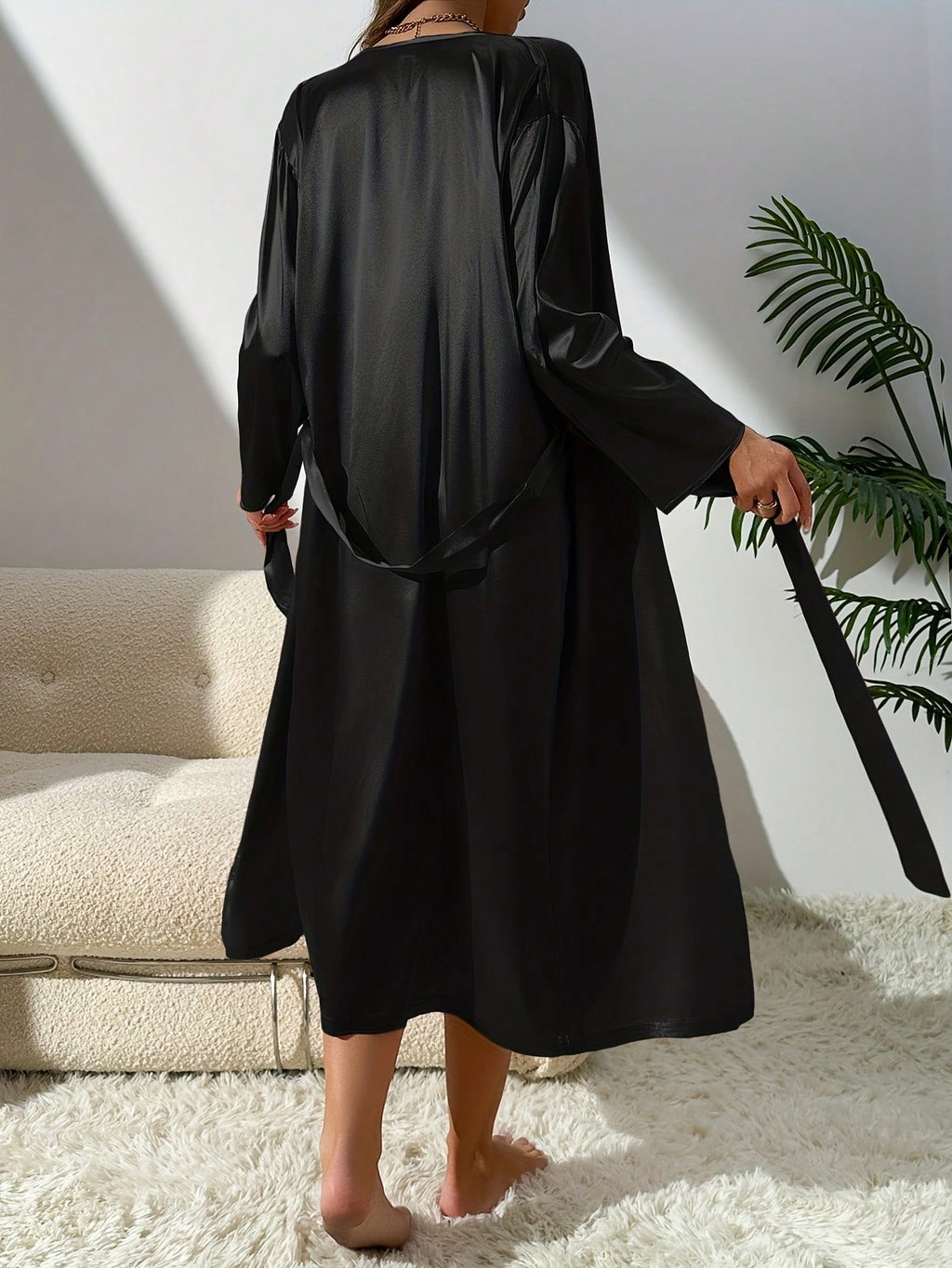 2Pcs/Set Women Silk-Like Belted Robe & Sleep Slip Dress Set, Elegant Style Loungewear Suitable for Home, Sleeping, All Season Wear, Fall Winter Clothes