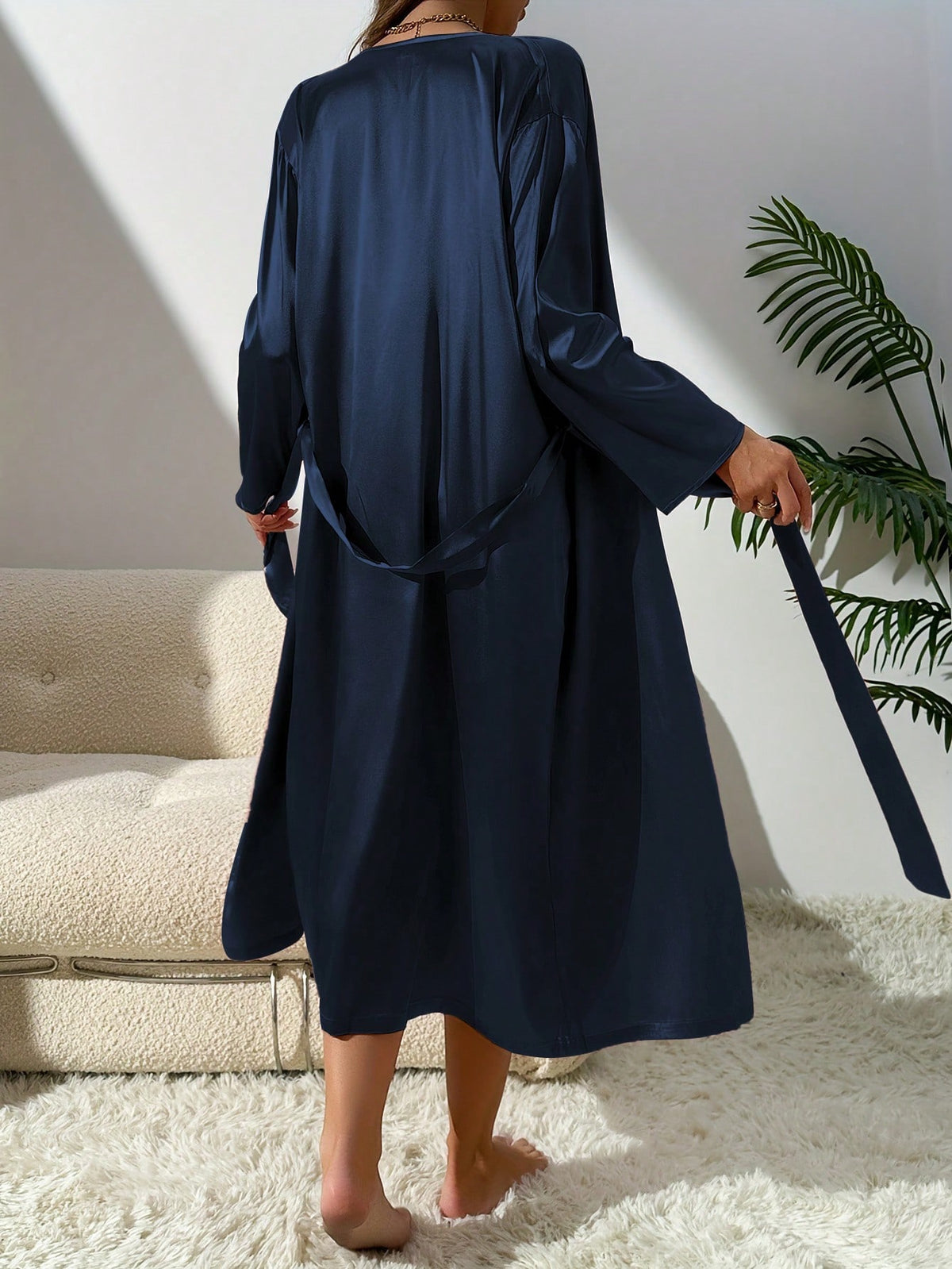 2Pcs Women Sleepwear Set , Long Belted Robe & Solid Color Sleep Dress, Comfortable Silk-Like Fabric, Elegant Dress Style, Suitable for Home Wear & Sleeping, All Seasons, Fall Winter Clothes