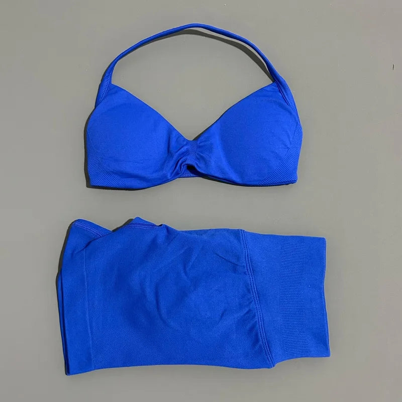 2 Pieces HISTELLO Sports Set Seamless Strappy Yoga Bra High Waist Scrunch Shorts Breathable Elastic Gym Workout Fitness Clothes