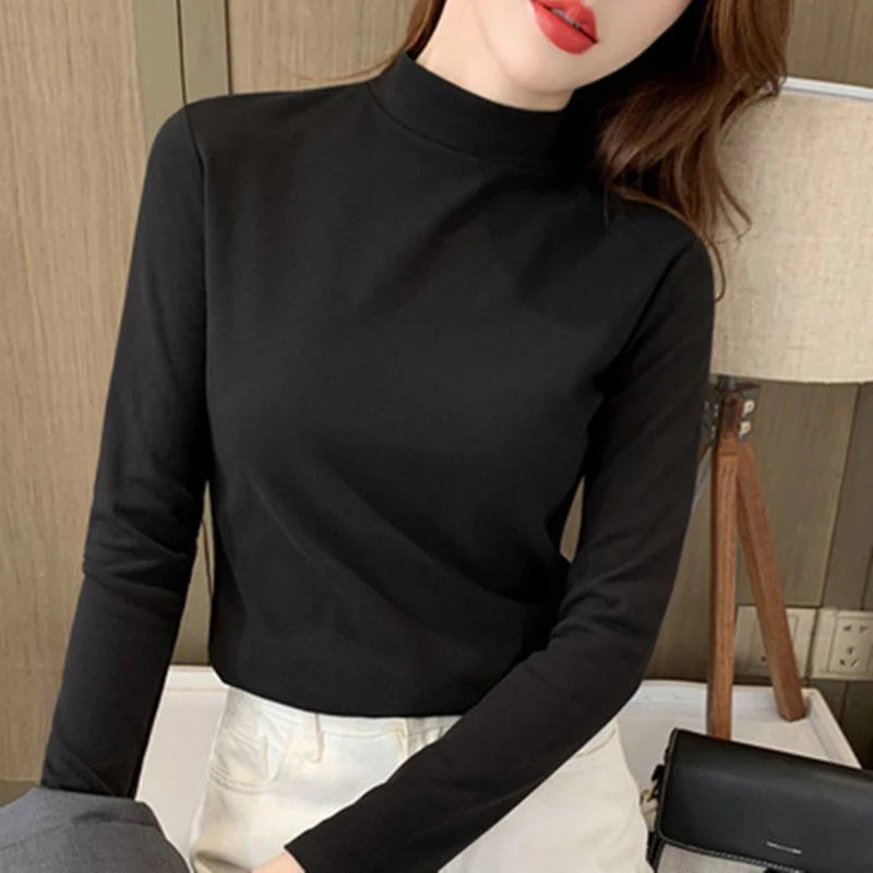 2025 Women Classic Korean Long Sleeve Tops Lady Fashion Thermal Underwear Clothes Female Half High Collar Thin Pullovers
