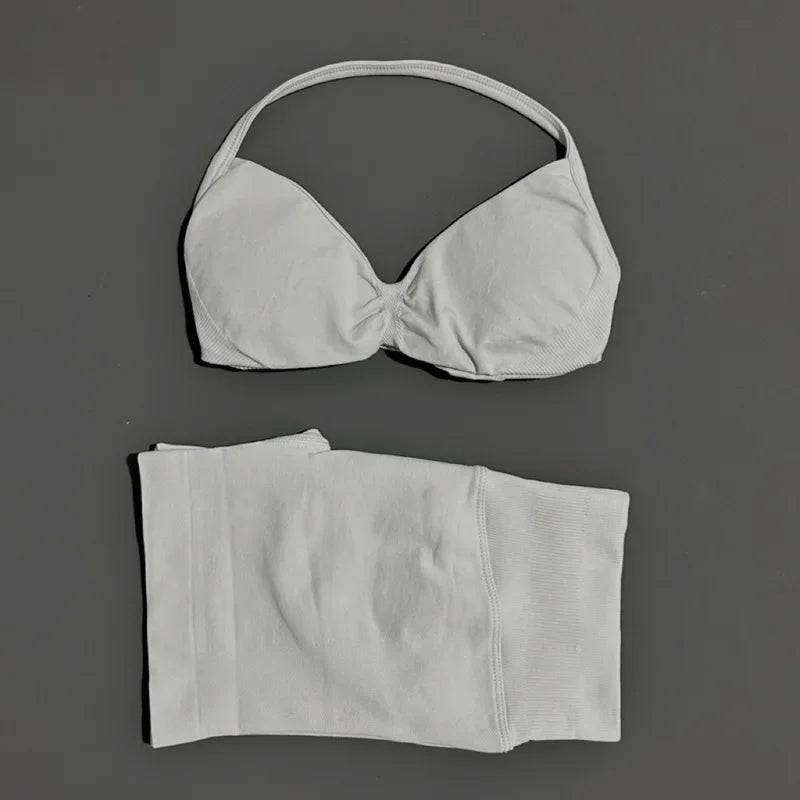 2 Pieces HISTELLO Sports Set Seamless Strappy Yoga Bra High Waist Scrunch Shorts Breathable Elastic Gym Workout Fitness Clothes