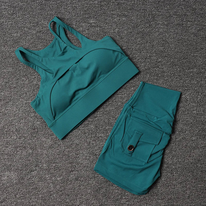 Fitness Shorts Yoga Sets Women's Tracksuit High Waist Sportswear Bra Workout Leggings Cycling Gym Shorts Sports Suit With Pocket