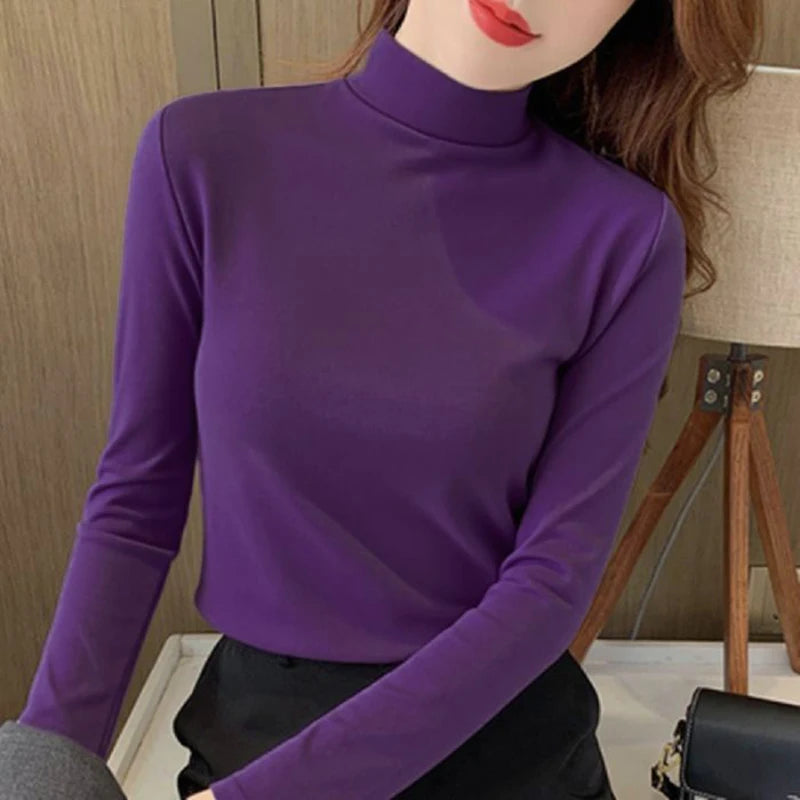 2025 Women Classic Korean Long Sleeve Tops Lady Fashion Thermal Underwear Clothes Female Half High Collar Thin Pullovers
