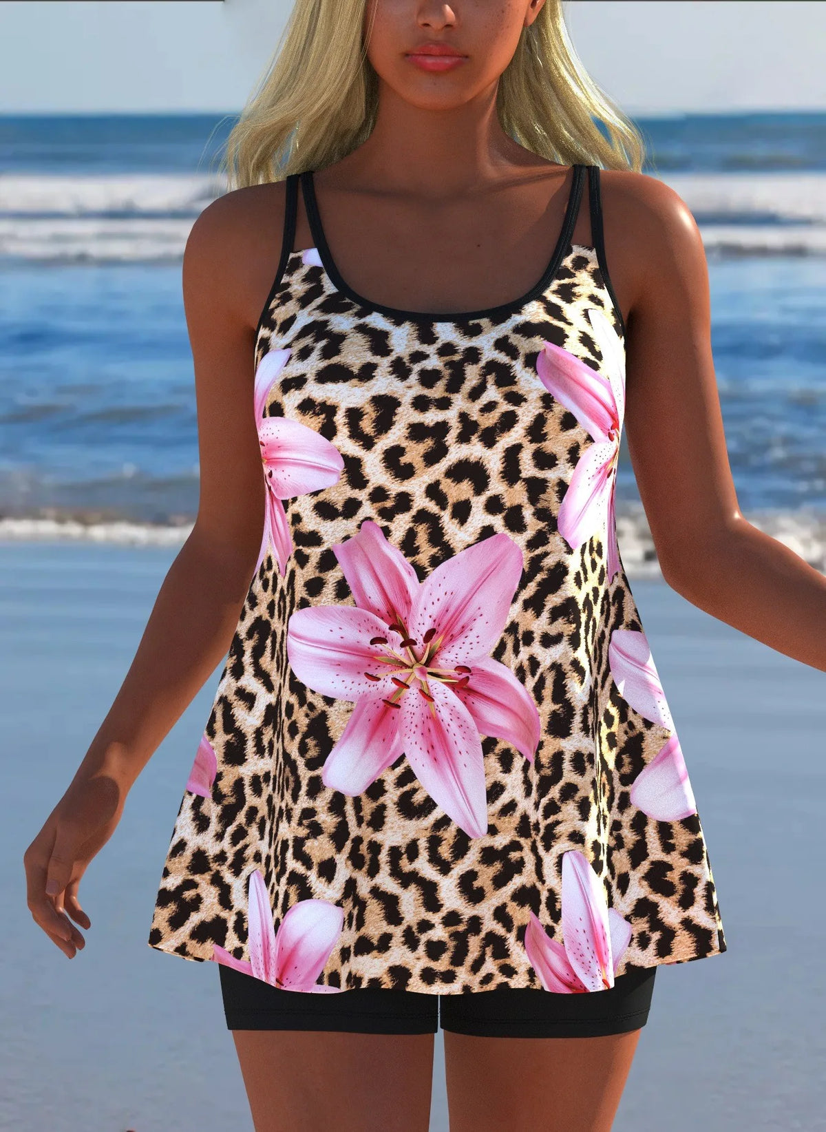 Black White Print Tankini Sleeveless Flared Hem Tankini Top High Stretch Swim Tank Gradient Adjustable Straps Two Piece Swim Top