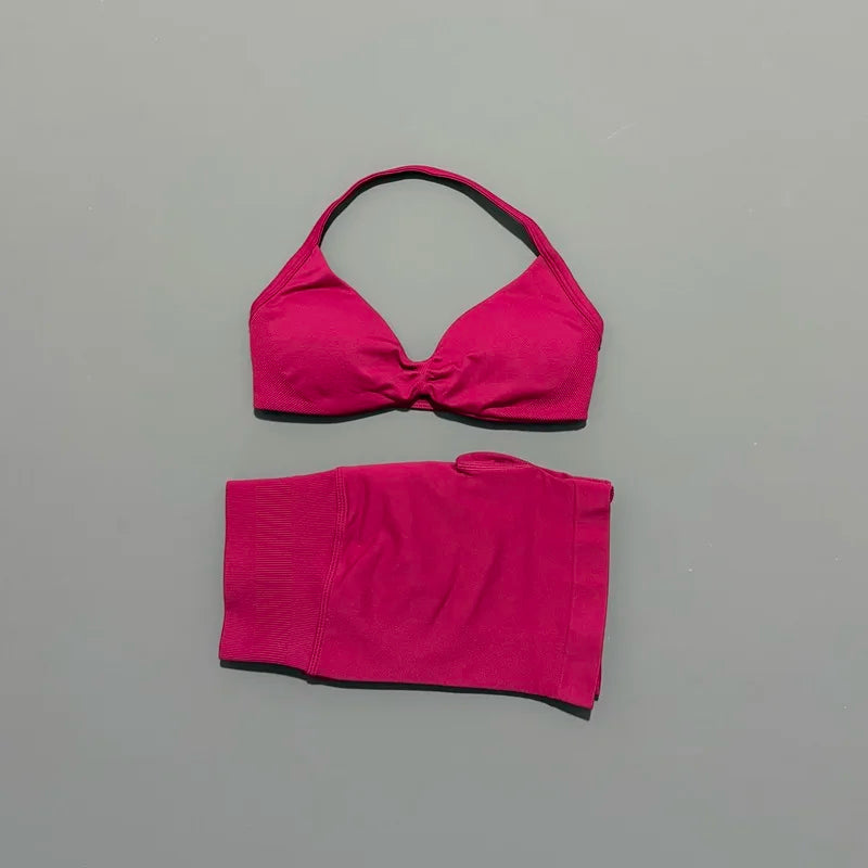 2 Pieces HISTELLO Sports Set Seamless Strappy Yoga Bra High Waist Scrunch Shorts Breathable Elastic Gym Workout Fitness Clothes