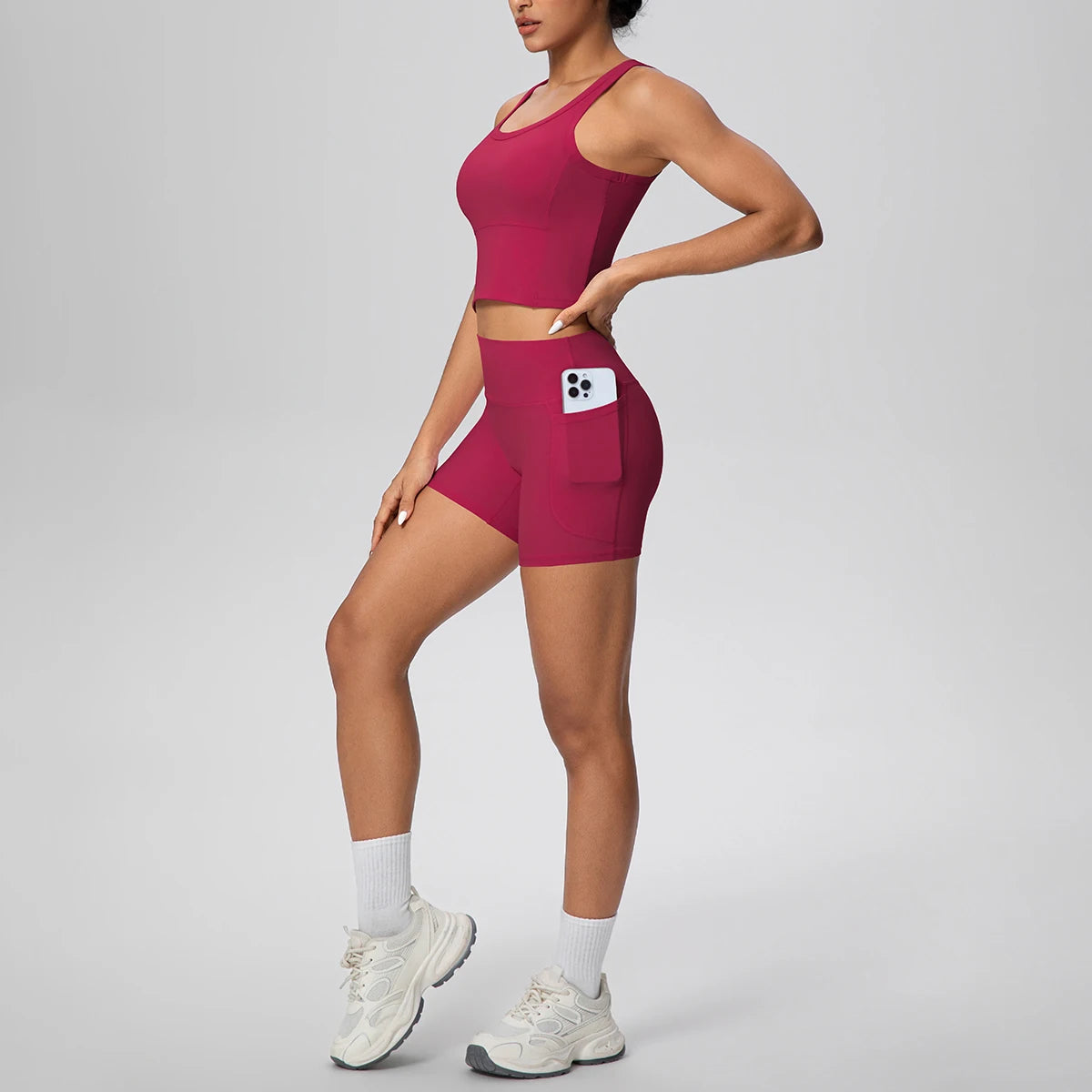 2PCS Women Summer Fitness Sports Yoga Set Backless Yoga Underwear with Chest Pad Workout Top Quick-Dry Gym Pockets Shorts Set
