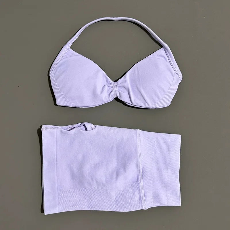 2 Pieces HISTELLO Sports Set Seamless Strappy Yoga Bra High Waist Scrunch Shorts Breathable Elastic Gym Workout Fitness Clothes