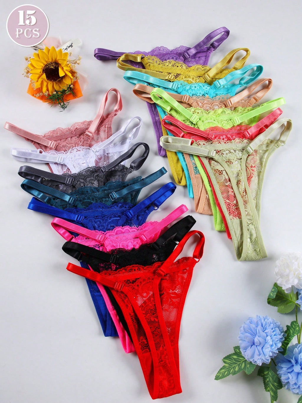 15Pcs/Set Sexy Lace Adjustable Waist G-String/Thong Panties for Women, Candy Colors