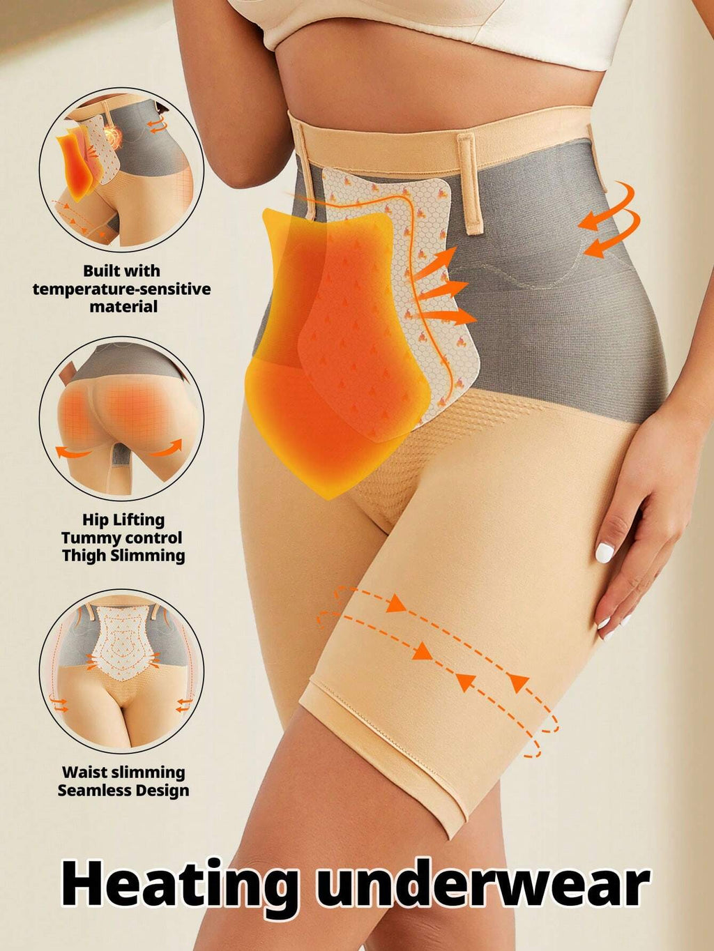 FLARIXA High Waist Thermal Shapewear Shorts, Tummy Control and Butt Lifting, Beige