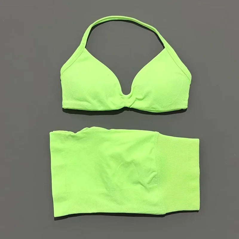 2 Pieces HISTELLO Sports Set Seamless Strappy Yoga Bra High Waist Scrunch Shorts Breathable Elastic Gym Workout Fitness Clothes