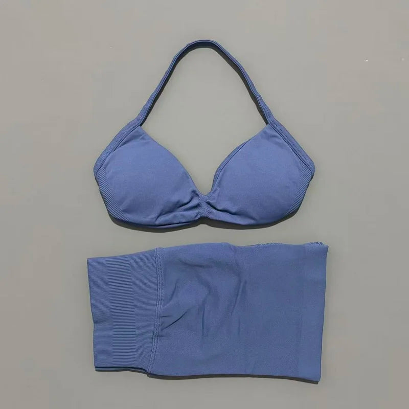 2 Pieces HISTELLO Sports Set Seamless Strappy Yoga Bra High Waist Scrunch Shorts Breathable Elastic Gym Workout Fitness Clothes