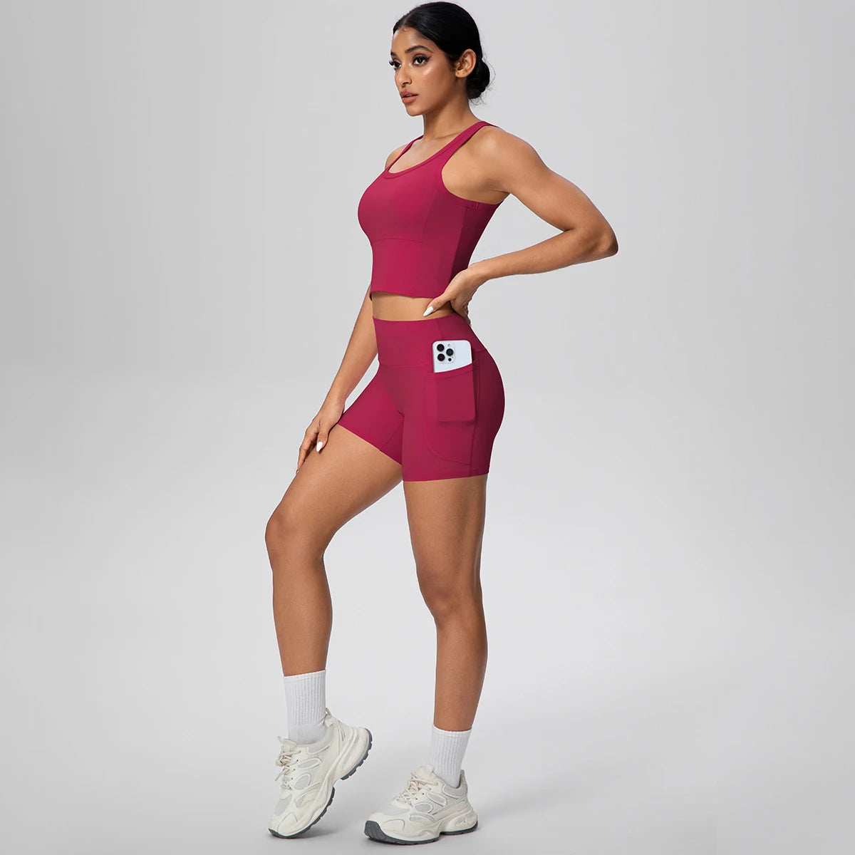 2PCS Women Summer Fitness Sports Yoga Set Backless Yoga Underwear with Chest Pad Workout Top Quick-Dry Gym Pockets Shorts Set
