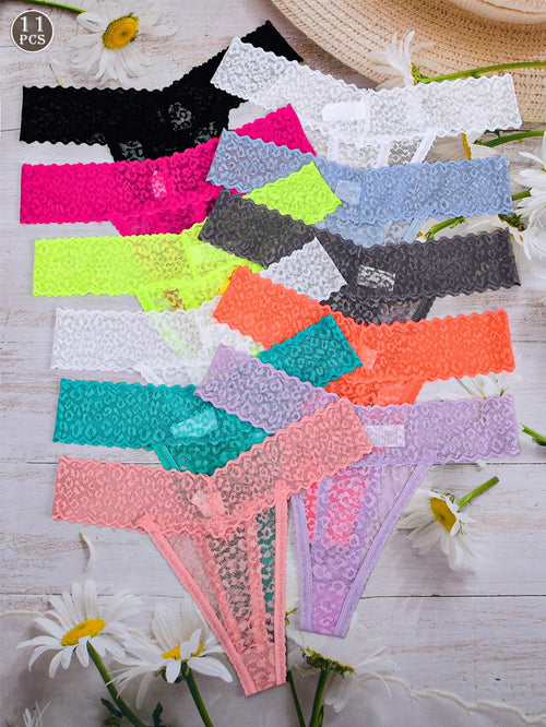 11Pcs/Set 10-Color Women'S Leopard Print Lace Thong Panties