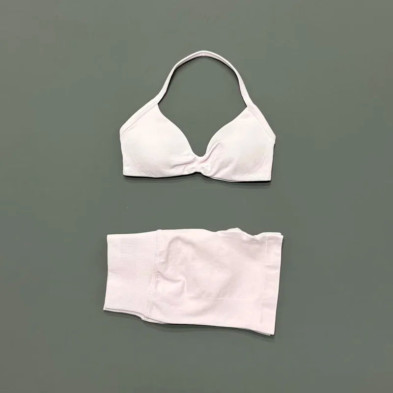2 Pieces HISTELLO Sports Set Seamless Strappy Yoga Bra High Waist Scrunch Shorts Breathable Elastic Gym Workout Fitness Clothes