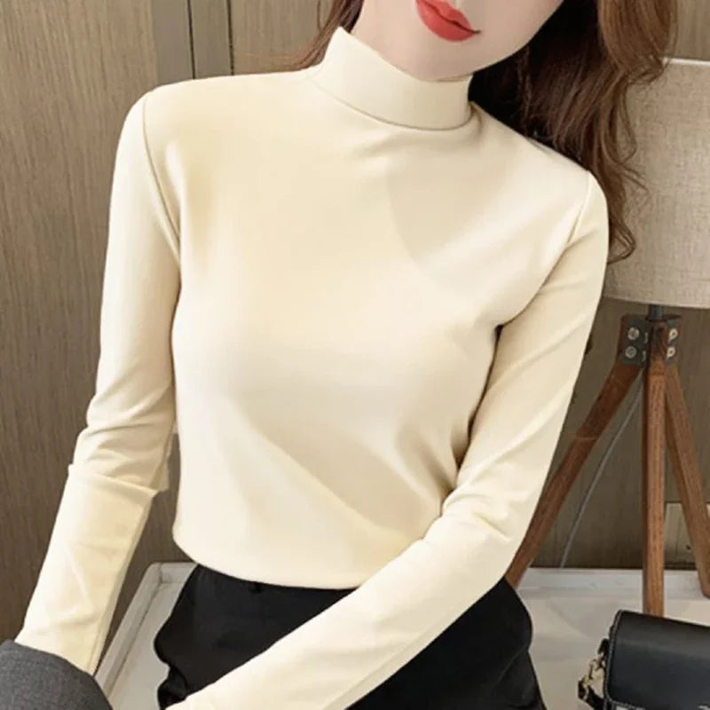 2025 Women Classic Korean Long Sleeve Tops Lady Fashion Thermal Underwear Clothes Female Half High Collar Thin Pullovers